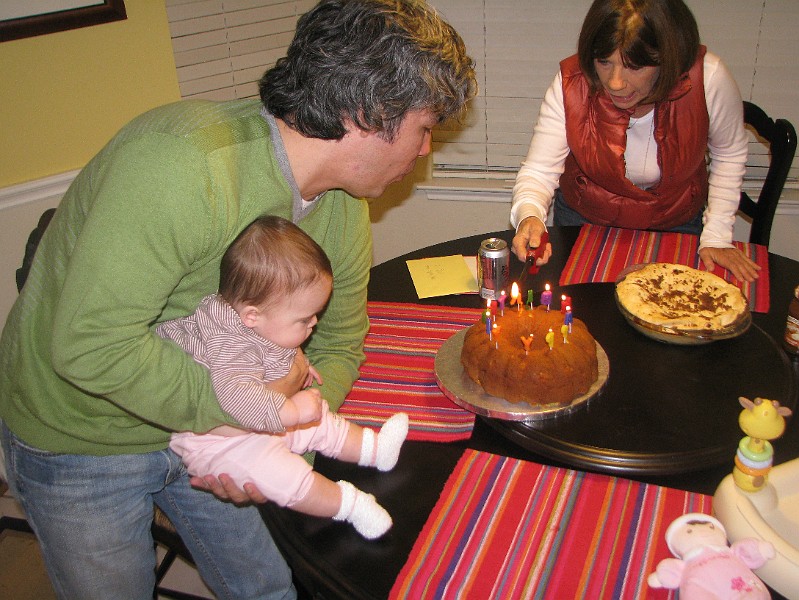 Daddys41stBDay.jpg - Yeah! It's Daddy's 41st birthday. Mama Toni made him an apple cake, and Mommy made him the most awful excuse for an apple pie there ever was. She tried to top it with brown sugar, but it looks like I puked all over it.  And Daddy's wearing the sweater I got him for his birthday. My Daddy is very handsome.